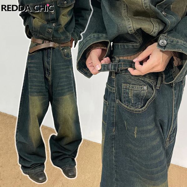 Reddachic 90'lar retro patenci büyük boy pantolon erkekler yeşil yıkama ayar-bel geniş bacak gündelik fırçalanmış bol kot pantolon y2k hiphop sokak kıyafetleri 240426