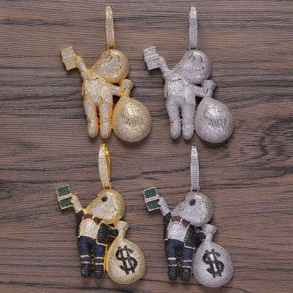 Piccole dimensioni di alta qualità in ottone CZ pietre cartoon cartone animato Money Borse Collana hip hop a sospensione Bling bling bling ghiacciato cn199 y1220 295u