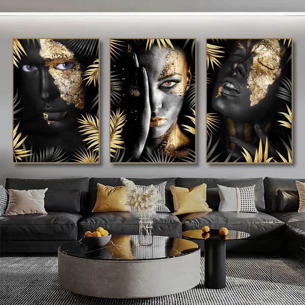 Африканские макияж женщины с черными золотыми листьями холст живопись современной фигурой стены на стенах.