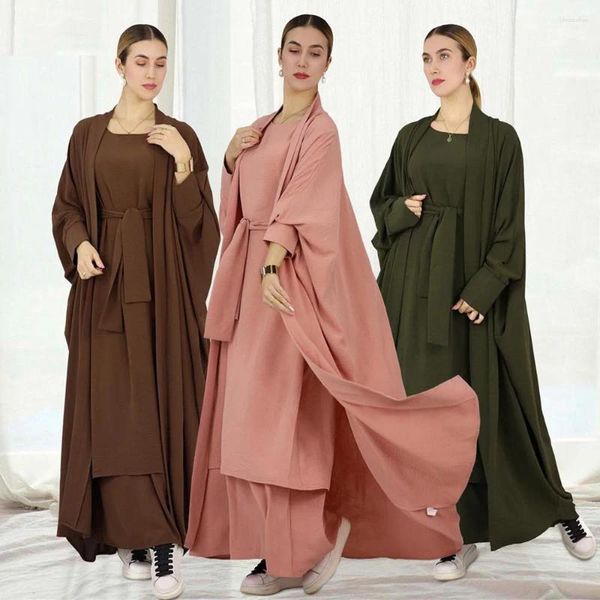 Ethnische Kleidung 2 Stücke Set Muslim Frauen Open Abaya Maxi Kleid Kimono Strickjacken Ramadan Islamisch Dubai Kaftan Robe Kleid Matching Outfits