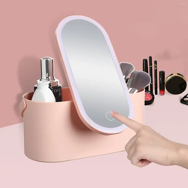 LED Işık Aynalı Taşınabilir Makyaj Organizatör Kutusu Kızlar İçin LED Işık Ayna Seyahat Kozmetik Dokun