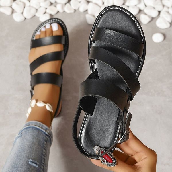 Sommerschuhe für Frauen Mode Leder Gladiator Sandalen Kreuzgurt flacher Boden Römischer Stil lässiger Sandalstrand Sandel braun schwarz groß Größe 36-43