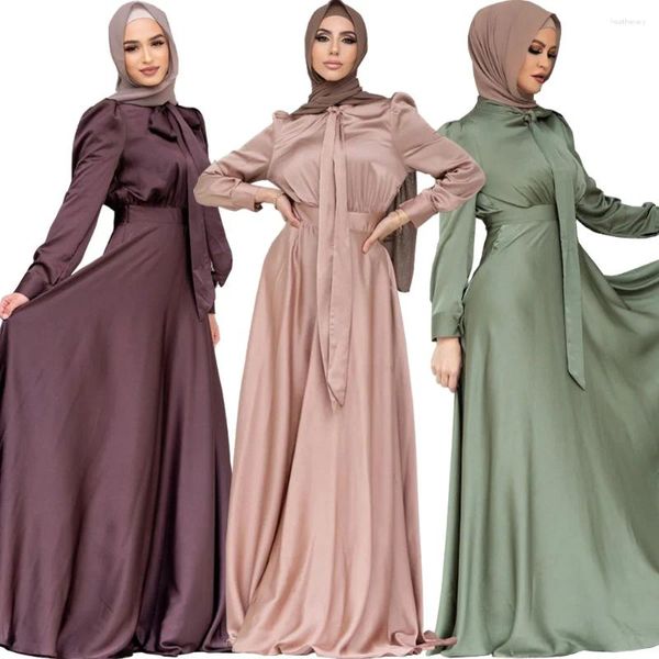 Roupas étnicas lison cetim abaya mulheres muçulmanas mangas compridas maxi vestido árabe turco islâmico dubai túmulo peru caftan femme musulmanes