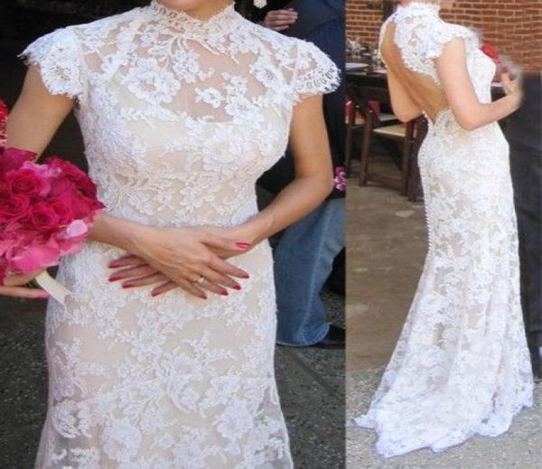 Abiti da sposa in pizzo in stile collare ad alto colletto 2016 con maniche corte aperta abito formale da matrimonio aperto su misura Brida2415514