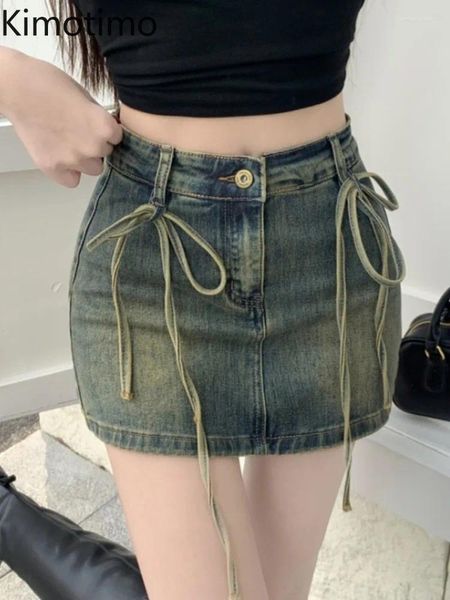 Röcke Kimotimo würziges Mädchen Bogen Schnürung Denim Rock Korean süße hohe Taille Schlanker Fit Packed Mini Sommer Retro A-Line Y2K Kleidung