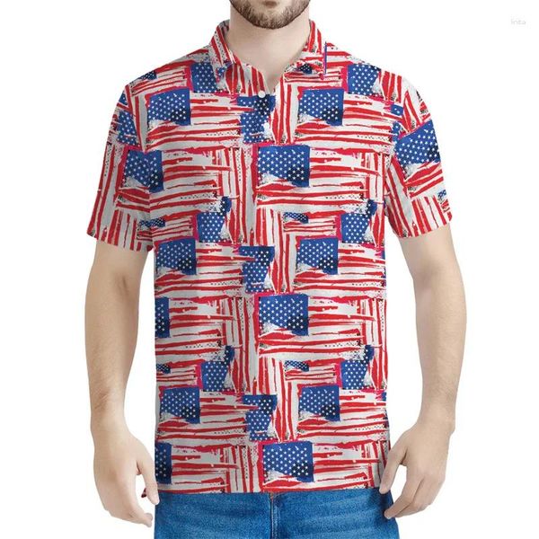 Polos masculinos American Flag Padrão Camisa Polo Men Fashion Summer 3D Impresso EUA Camisetas Camisetas Infantil Botão Camisetas de lapela de rua curtas de rua