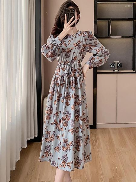 Lässige Kleider Frühling Sommer Blumenchiffon in Kleider Frauen Fashion Chic Elegantes langes Kleid 2024 Koreanische Vintage Bodycon Party Vestidos