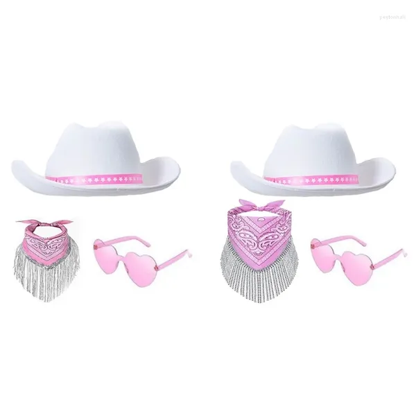 Berets Strassstones Fransen Cowboy Kostüm Set West Wide Brims Hut Schalne Sonnenbrille für Erwachsene Rollenspiel Party Outfit 3pcs