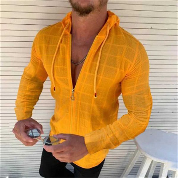 Camisas casuais masculinas 2023 VENDAÇÃO HOT MENS CASUAL CASual Slim Slited com Cardigan com zíper com capuz - plus size T240507