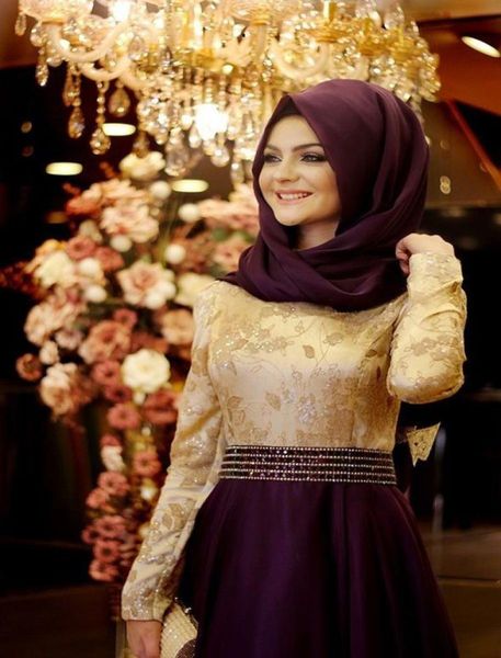 Vestidos de noite muçulmana Aline mangas compridas bordados roxos hijab islâmico dubai abaya kaftan longa noite vestido de baile