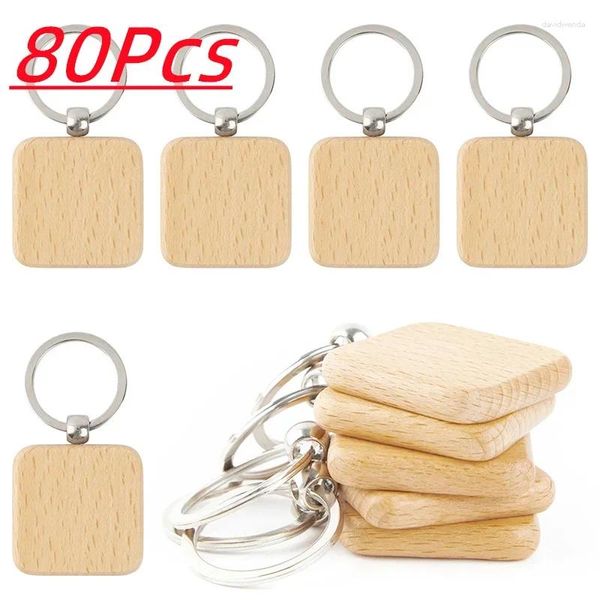 Keychains 80pcs de madeira quadrada em branco Chaires de madeira adequados para carros de presente a laser por atacado de artesanato diy