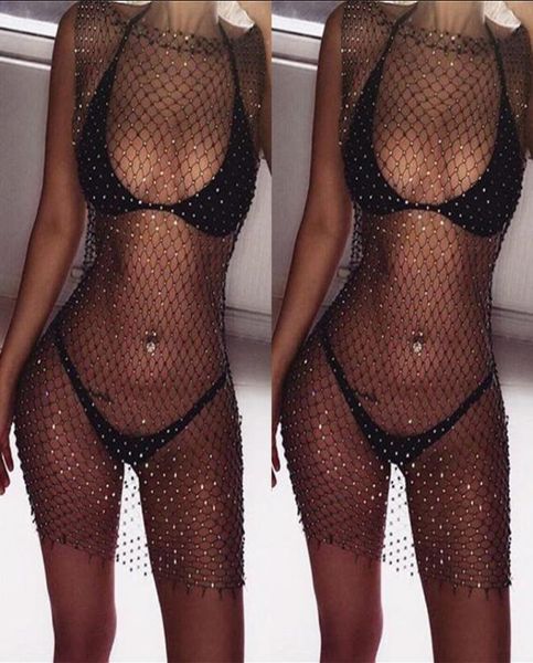 Women Bikini Bling Crystal Copert Up tops Sexy Fishnet Out See attraverso il costume da bagno Tops Black White7793881