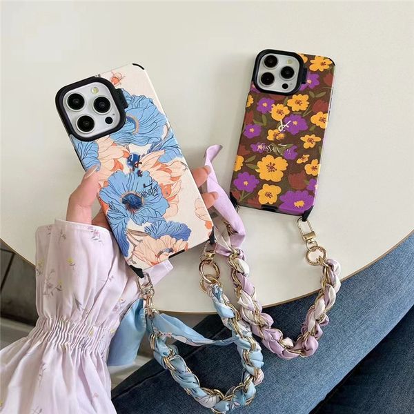 Capas de telefone de designer moda flores capa para iphone 15promax 15pro 15 14promax 14pro 14 13 pro max 13 namorada presente primavera pulseira de seda corrente à prova de choque