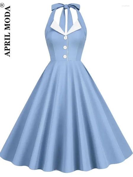 Lässige Kleider 2024 Blue Hepburn Style 50er 60er Vintage Kleid A-Line Rückenless Halter Pin up Rockabilly Frauen Sommer Retro Party Vestidos