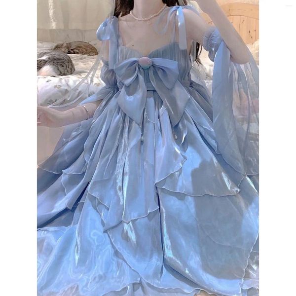 Lässige Kleider Retro -Stil Lolita JSK Kleid mit abnehmbaren Ärmeln blaue Hosenträger schöne Mädchen süßes Chic 2024