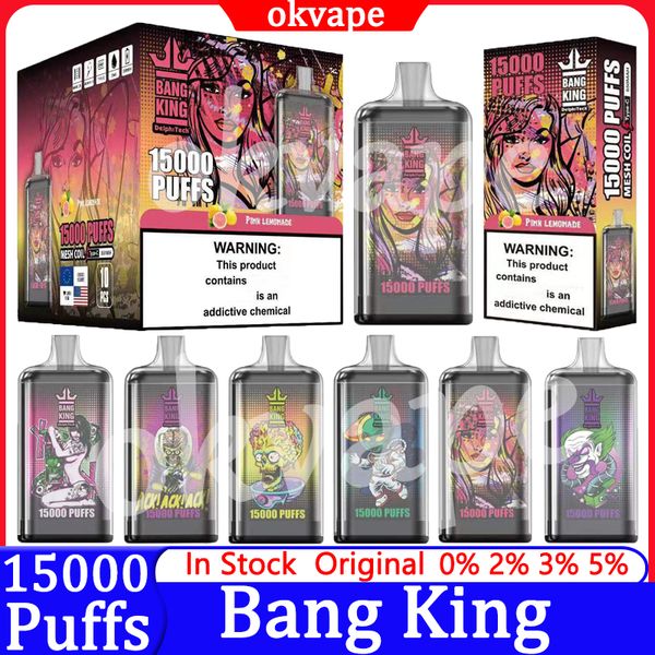 Bang King Puff 15K 15000 sbuffi Mogente usa e getta e sigarette 0% 2% 5% 25 ml POD predefinito 1,0ohm bobina a maglie da 650 mAh Vaper a batteria 20 gusti penna