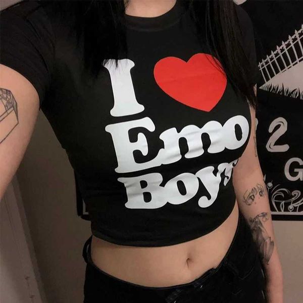 Женская футболка Harajuku Gothic Y2K Tops I Love Emo Boy Print Ts Женщины Сексуальная футболка Винтаж 2000-х