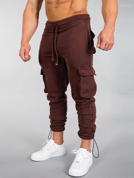 Calça masculina esportes fitness jogador calças homens bolsos vintage patchs design cargo mass primavera elástica machos esbeltos verão