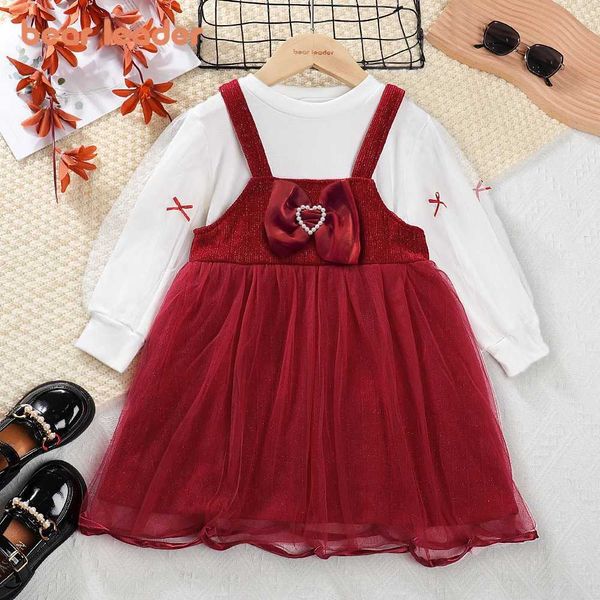 Vestidos de menina Uso líder do vestido infantil 2023 Autumn New Childrens T-shirt+Strap Dress Dress Setent Childrens Dress Vestido de Natal Rousedingl2405