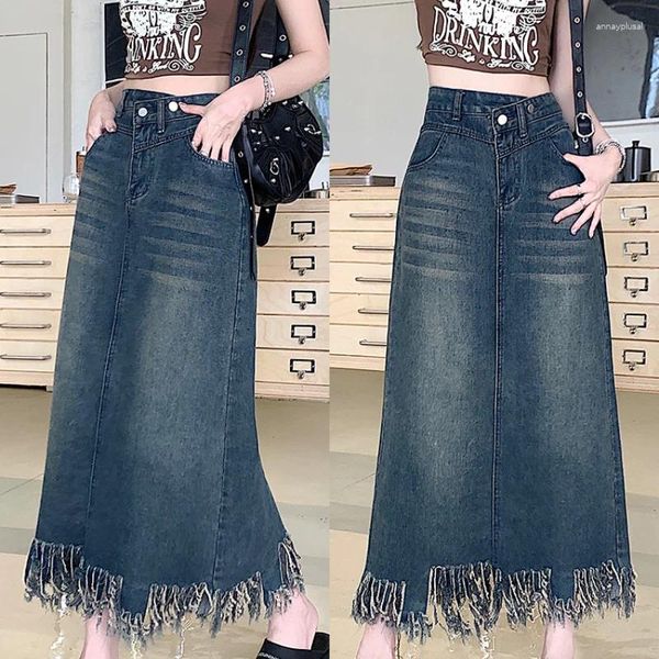 Etekler 2024 İlkbahar Yaz Vintage denim kenarı gevşek artı boyut 4xl A-line kot pantolon bayan etek dişi dip sıradan ke6034