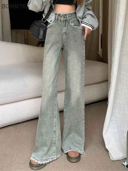 Frauen Jeans Weitbein Frauen gewaschen Streetwear Ripped Vintage Mode Ulzzang Einfacher All-Match-Frühling gebleicht lose College-Persönlichkeit
