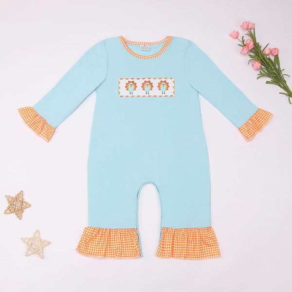 Kleidungssets 2024 Truthahnmädchen Blasen Baby Halloween Kleidung Kind Himmelblaue Spitzenhose Ein Stück Baumwoll fester runder Nackenkriechanzug