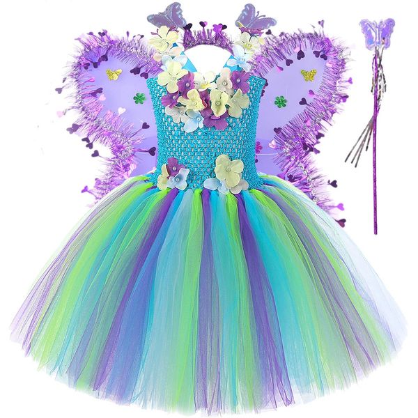 Flower Jungle Fairy Kostüme für Mädchen Geburtstagsfeier Tutus Kinder Halloween Kostüm mit Schmetterlingsflügeln Prinzessin Girl Outfit 240429