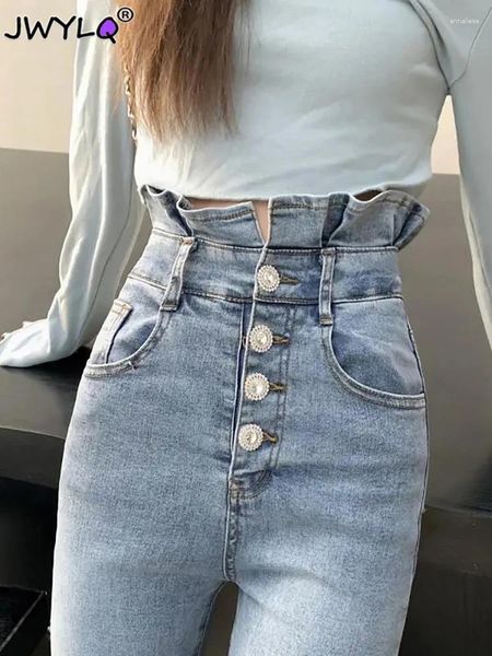 Jeans femminile ad alta vita bottoni di strass singolo di strass con arricciati pantaloni in denim casual slim elastico streetwear donne pantaloni