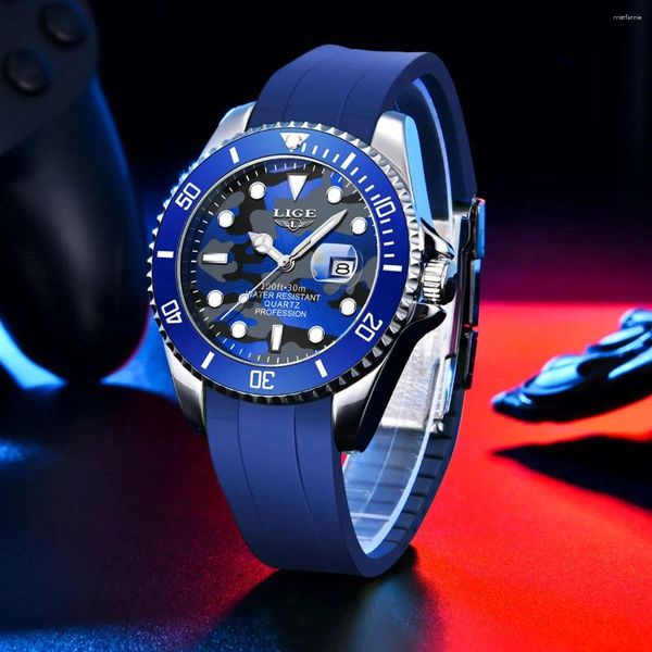 Armbanduhren Lige kreative Marineblau Camouflage Man Watch Luminous Date 3atm wasserdichtes Quarzgelenk für Männer Relogio Maskulino Box