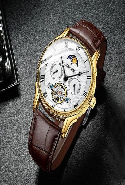 Top -Marke Tevise Neue Männer Watch Automatic Mechanical Watch Moon Phase Tourbillon Sport Armbandwatch Lederband Relogio Maskulino259702213
