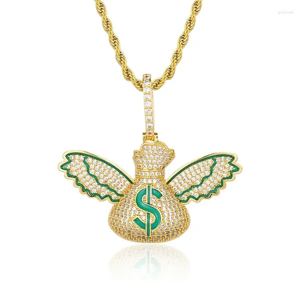 Подвесные ожерелья хип -хоп когти установка Cz Stone Bling Iced Out Flying Dollars Money Bag Bag для мужчин Рэппер Ювелирные изделия