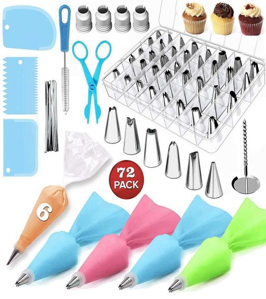 72pcs Kuchen dekorieren Vorräte Sets mit Sahnehäubchen Tipps Beutel Sahnsinnige Rohrleitungsdüsen Kuppler DIY Backgebiet Tools6650365