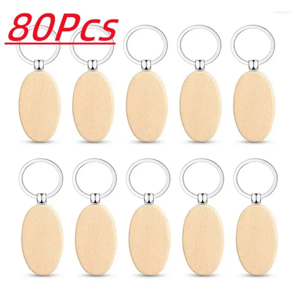 Keychains 80pcs elipse madeira em branco Chaires ovais de madeira adequados para carros -presente a laser por atacado artesanal