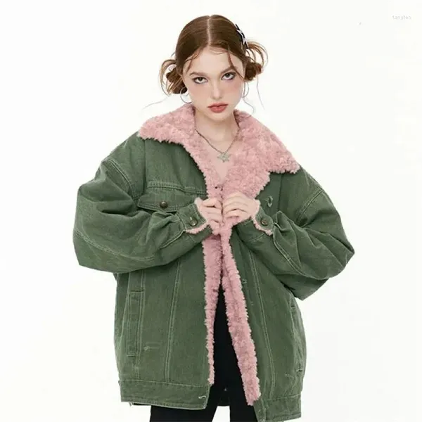 Giacche da donna Lagna di agnello e Cashmere Cotton Cotton Cottle for Women Winter 2024 Retro Fashion Color Contrast Collar Trend Top Solid Solid