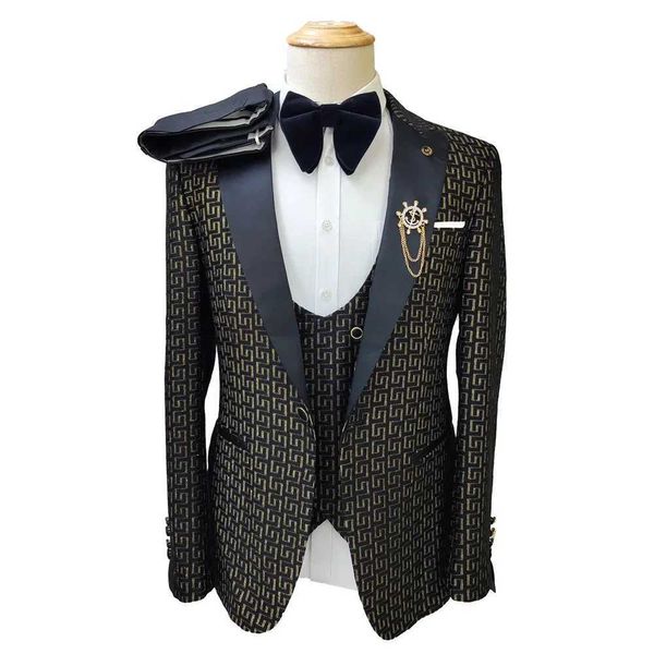 Herrenanzüge Blazer Schwarz-Weiß-Herren 3-teilige Set mit goldenen Palastabzügen für Hochzeiten.Komm auf Kleidung Q240507