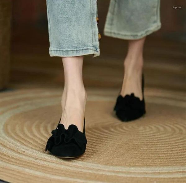 Casa -Schuhe Square Heels plissierte schwarze spitze Zehen Frau Schuhe niedrige Absätze elegant für Frauen normale Leder