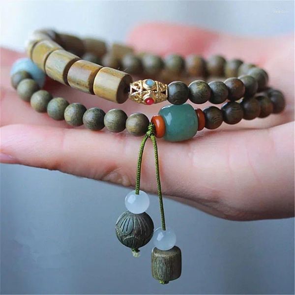 Bracelets de charme verde 6 mm de sândalo de sândalo natural pulseiras de lótus pingentes para mulheres buddhist buda wood oração malha mala unissex homens