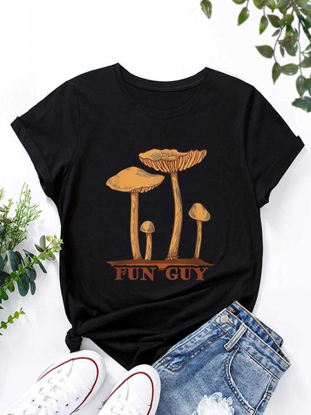 Camiseta feminina divertida cara de cogumelo engraçado Mulher camiseta de verão moda curta camiseta slve impressa ts o-gola casual camiseta feminina tops y240506