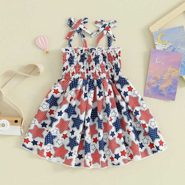 Vestidos de menina 1-5y Girls 4 de julho Dress Star Print Dress sem mangas vestido de ombro italiano Vestido de ombro A-line Summer Childrens Independence Day Dressl2405