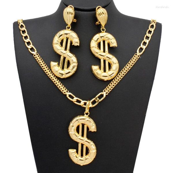 Серьги ожерелья набор и подвеска для Wome Dollar Copper 24K Gold Propted Hip Hop Dewellery