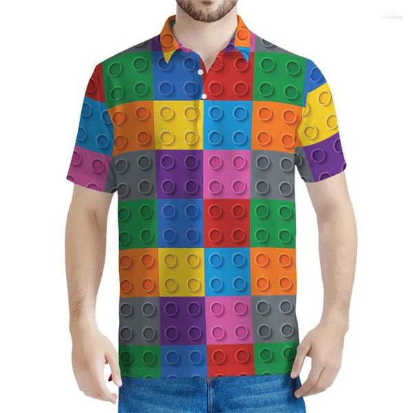 Polos de polos masculinos coloridos blocos de construção padrão camisas pólo homens crianças 3d camiseta impressa na rua de verão mangas curtas y2k tops lotos camisetas camisetas