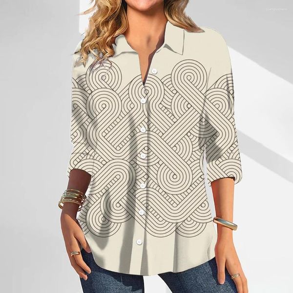 Frauenblusen 2024 Fashion Shirts Geometrische Liniendruckknopf Langarm Langarm Casual Shirt Fit Sommer weibliche Kleidung Tops