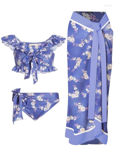 Mutada de banho feminina 2024 Verão azul roxo branco estampa floral renda entre dobra biquíni de praia de moda dividida