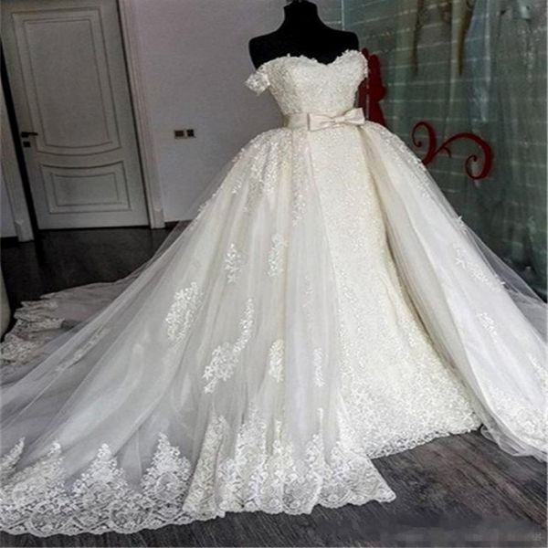 Nuovi arrivi 2019 Abiti da sposa sirena con gonna staccabile treno da spalla a cuore a cuore coda di pesce in pizzo di lusso da sposa Go 289j