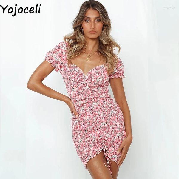 Abiti per feste Yojoceli Frill sexy corta Bodycon Summer Abito Summer Beach Club Sweet Floral Print Mini Shirred Vestidos