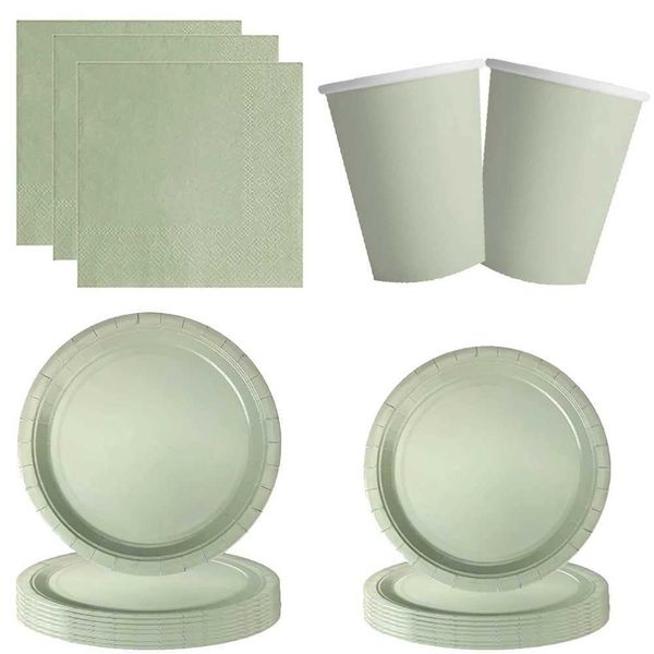 Einweg -Geschirr durch Feste Farbe Sage Green Party Einweg -Tabletop -Lieferungen Pappe Tissues Cups Messer Gabeln Löffel Kinder q240507