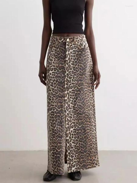 Юбки Deeptown Vintage Leopard Print Юбка Женщины 2024 Летняя уличная одежда высокая талия сплит сексуальная джинсовая джинсовая женщина.