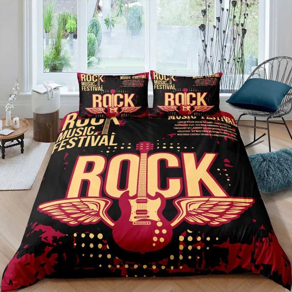 Bedding Sets Rock Music Queen Down Duvet Cover Guitar Guitar Punk Conjunto de roupas de cama juvenil moda hip hop 2/3 peças CONFEITO CONFEITO J240507