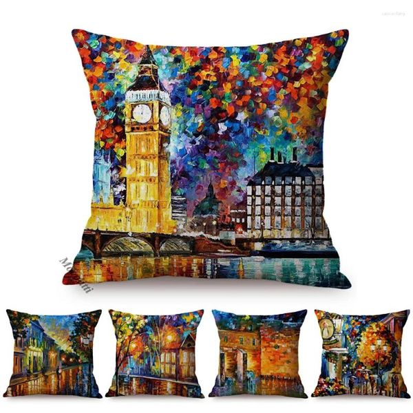 Kissen Nordic Multicolor 3D Ölmalerei Kunst Home Dekoration Sofa Cover berühmte Vintage -Gebäude Landschaftswagen Wurfkoffer