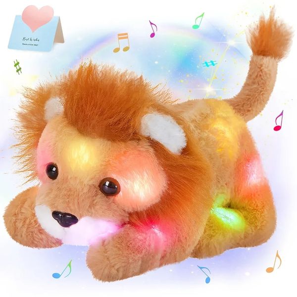 27 cm Pieno colpi di leone Led luci up Musica animale carino bagliore morbido brow brow leone peluche giocattolo con cappuccio con cappuccio ragazza regalo 240424